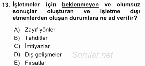 Stratejik Yönetim 1 2017 - 2018 3 Ders Sınavı 13.Soru