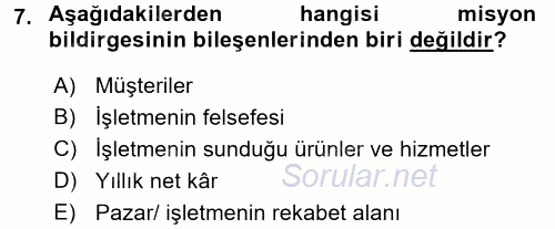 Stratejik Yönetim 1 2017 - 2018 3 Ders Sınavı 7.Soru