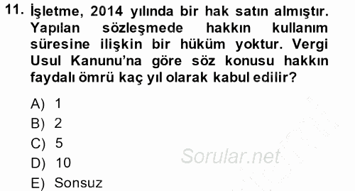 Muhasebe Uygulamaları 2014 - 2015 Ara Sınavı 11.Soru