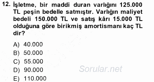 Muhasebe Uygulamaları 2014 - 2015 Ara Sınavı 12.Soru