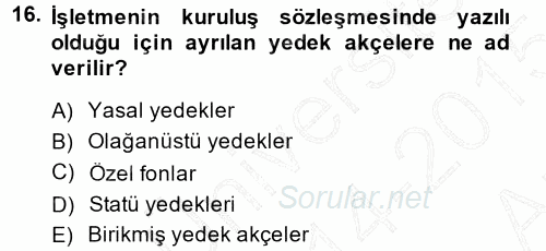 Muhasebe Uygulamaları 2014 - 2015 Ara Sınavı 16.Soru