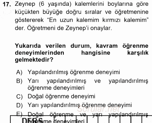 Okulöncesinde Matematik Eğitimi 2015 - 2016 Ara Sınavı 17.Soru