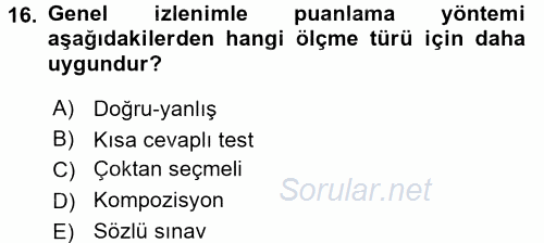 Ölçme Ve Değerlendirme 2016 - 2017 Ara Sınavı 16.Soru