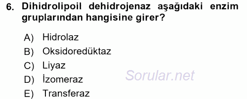 Temel Veteriner Biyokimya 2016 - 2017 Dönem Sonu Sınavı 6.Soru