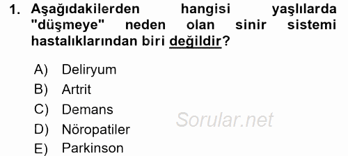 Yaşlılarda Görülebilecek Sorunlar Ve Bakım Hizmetleri 2016 - 2017 Dönem Sonu Sınavı 1.Soru