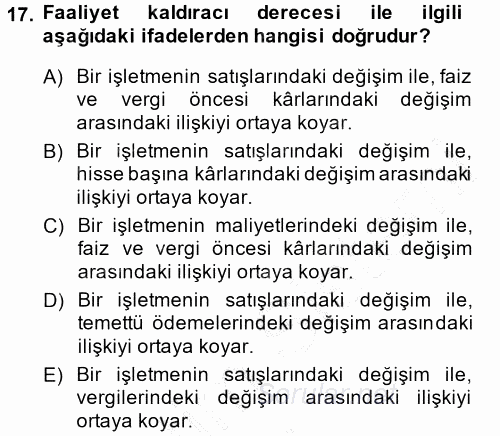 Finansal Yönetim 2014 - 2015 Ara Sınavı 17.Soru