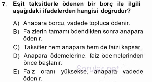 Finansal Yönetim 2014 - 2015 Ara Sınavı 7.Soru