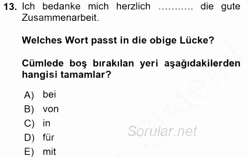 Almanca 2 2016 - 2017 3 Ders Sınavı 13.Soru