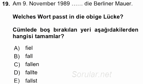 Almanca 2 2016 - 2017 3 Ders Sınavı 19.Soru