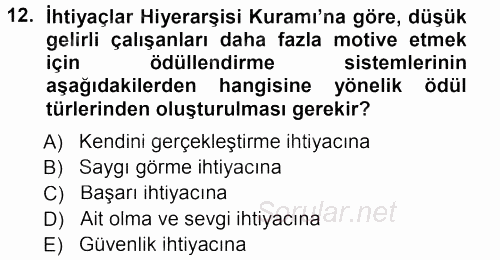 Ücret ve Ödül Yönetimi 2012 - 2013 Dönem Sonu Sınavı 12.Soru