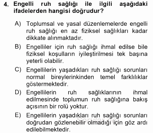 Engellilerde Ruh Sağlığı 2017 - 2018 Ara Sınavı 4.Soru