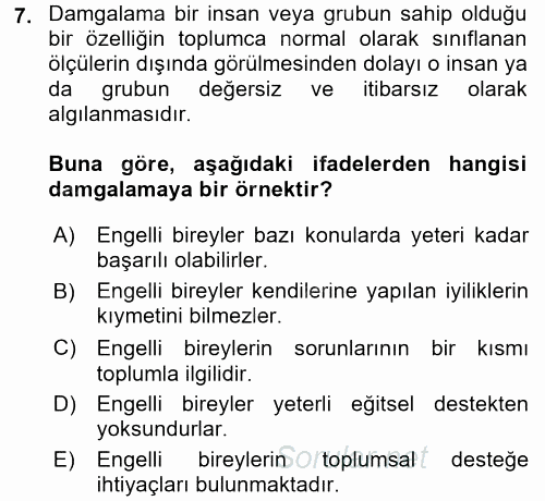 Engellilerde Ruh Sağlığı 2017 - 2018 Ara Sınavı 7.Soru