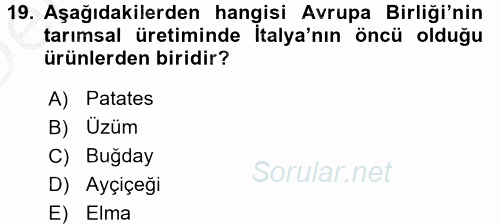 Tarım Ekonomisi ve Tarımsal Politikalar 2016 - 2017 3 Ders Sınavı 19.Soru