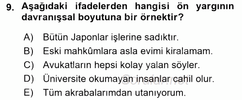 Psikoloji 2017 - 2018 Dönem Sonu Sınavı 9.Soru