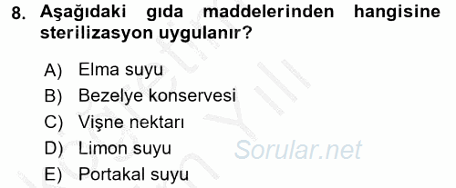 Gıda Bilimi ve Teknolojisi 2016 - 2017 3 Ders Sınavı 8.Soru