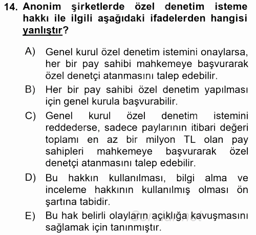 Ticaret Hukuku 2015 - 2016 Tek Ders Sınavı 14.Soru