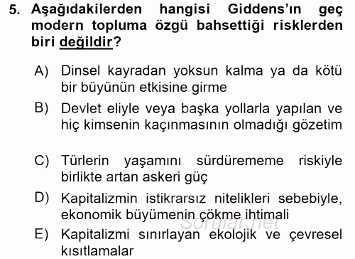 Sosyolojide Yakın Dönem Gelişmeler 2015 - 2016 Tek Ders Sınavı 5.Soru