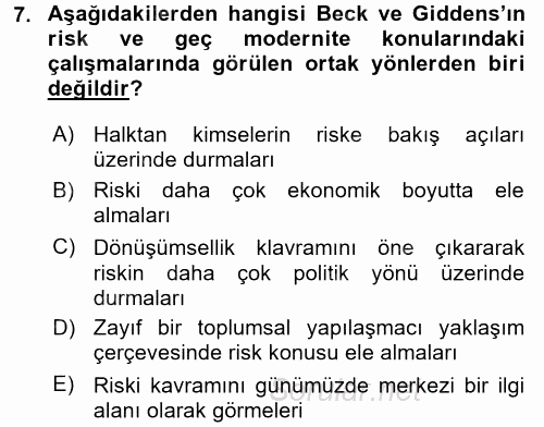 Sosyolojide Yakın Dönem Gelişmeler 2015 - 2016 Tek Ders Sınavı 7.Soru