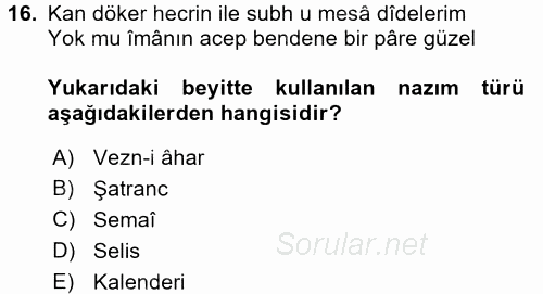 Halk Edebiyatına Giriş 1 2017 - 2018 Ara Sınavı 16.Soru