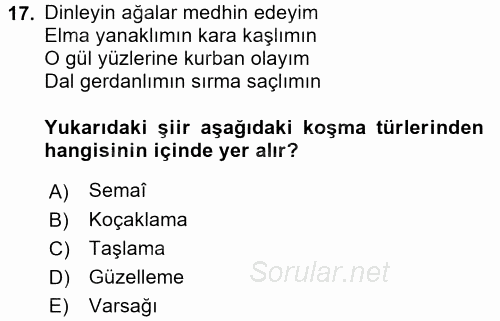 Halk Edebiyatına Giriş 1 2017 - 2018 Ara Sınavı 17.Soru