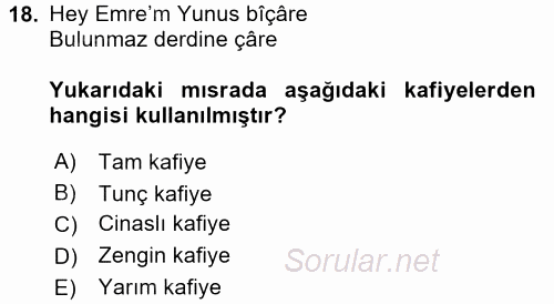 Halk Edebiyatına Giriş 1 2017 - 2018 Ara Sınavı 18.Soru