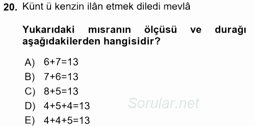 Halk Edebiyatına Giriş 1 2017 - 2018 Ara Sınavı 20.Soru