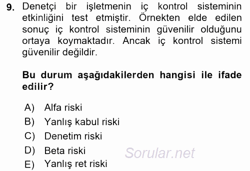 Muhasebe Denetimi ve Mali Analiz 2017 - 2018 Ara Sınavı 9.Soru
