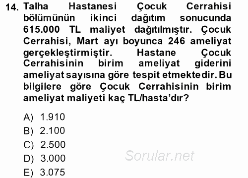 Sağlık Kurumlarında Maliyet Yönetimi 2014 - 2015 Dönem Sonu Sınavı 14.Soru