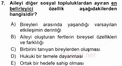 Aile İçi Uyumlu Etkileşim 2015 - 2016 Ara Sınavı 7.Soru