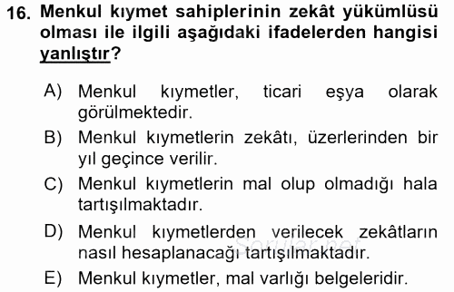 Günümüz Fıkıh Problemleri 2016 - 2017 3 Ders Sınavı 16.Soru