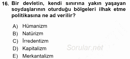 Siyasi Tarih 1 2015 - 2016 Dönem Sonu Sınavı 16.Soru
