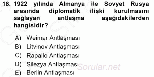 Siyasi Tarih 1 2015 - 2016 Dönem Sonu Sınavı 18.Soru