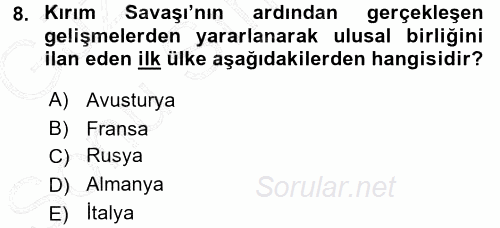 Siyasi Tarih 1 2015 - 2016 Dönem Sonu Sınavı 8.Soru