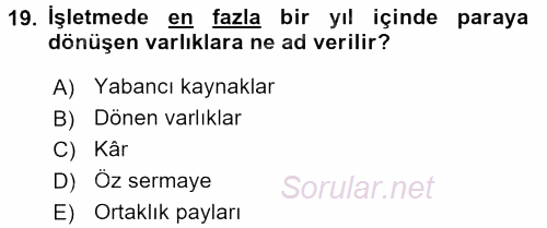 İşletme Fonksiyonları 2017 - 2018 Ara Sınavı 19.Soru