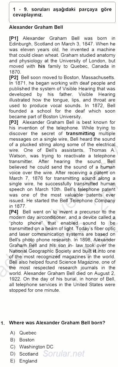 Okuma Ve Yazma Becerileri 1 2015 - 2016 Ara Sınavı 1.Soru