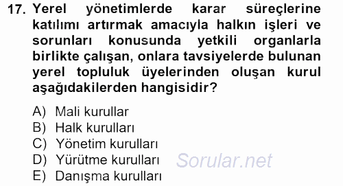 Yerel Yönetimler 2012 - 2013 Dönem Sonu Sınavı 17.Soru