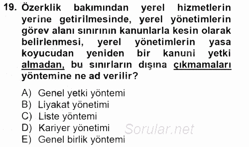 Yerel Yönetimler 2012 - 2013 Dönem Sonu Sınavı 19.Soru