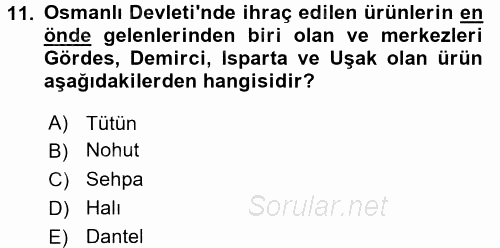 Osmanlı Devleti Yenileşme Hareketleri (1876-1918) 2017 - 2018 Dönem Sonu Sınavı 11.Soru