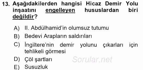 Osmanlı Devleti Yenileşme Hareketleri (1876-1918) 2017 - 2018 Dönem Sonu Sınavı 13.Soru