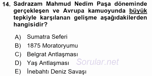 Osmanlı Devleti Yenileşme Hareketleri (1876-1918) 2017 - 2018 Dönem Sonu Sınavı 14.Soru