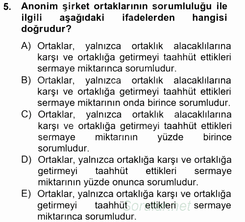 Ticaret Hukuku 2013 - 2014 Tek Ders Sınavı 5.Soru