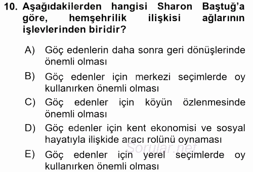 Kent Sosyolojisi 2017 - 2018 3 Ders Sınavı 10.Soru