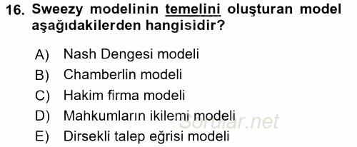 Sanayi Ekonomisi 2016 - 2017 Ara Sınavı 16.Soru