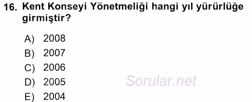 Yerel Yönetimler 2017 - 2018 Dönem Sonu Sınavı 16.Soru