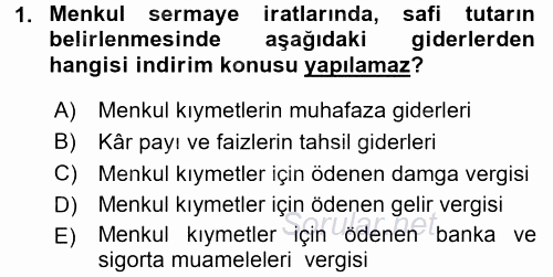 Özel Vergi Hukuku 1 2016 - 2017 Dönem Sonu Sınavı 1.Soru