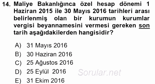 Özel Vergi Hukuku 1 2016 - 2017 Dönem Sonu Sınavı 14.Soru