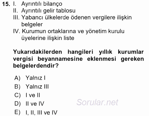 Özel Vergi Hukuku 1 2016 - 2017 Dönem Sonu Sınavı 15.Soru