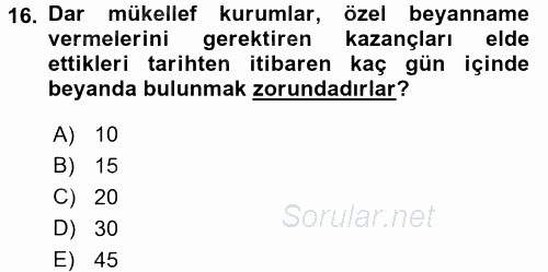Özel Vergi Hukuku 1 2016 - 2017 Dönem Sonu Sınavı 16.Soru