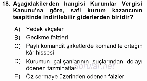 Özel Vergi Hukuku 1 2016 - 2017 Dönem Sonu Sınavı 18.Soru