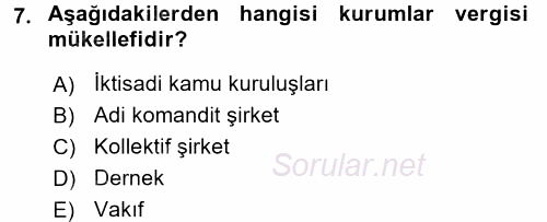 Özel Vergi Hukuku 1 2016 - 2017 Dönem Sonu Sınavı 7.Soru